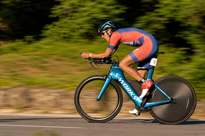 Ciclista en bicicleta azul durante el Ironman 70.3 Punta del Este