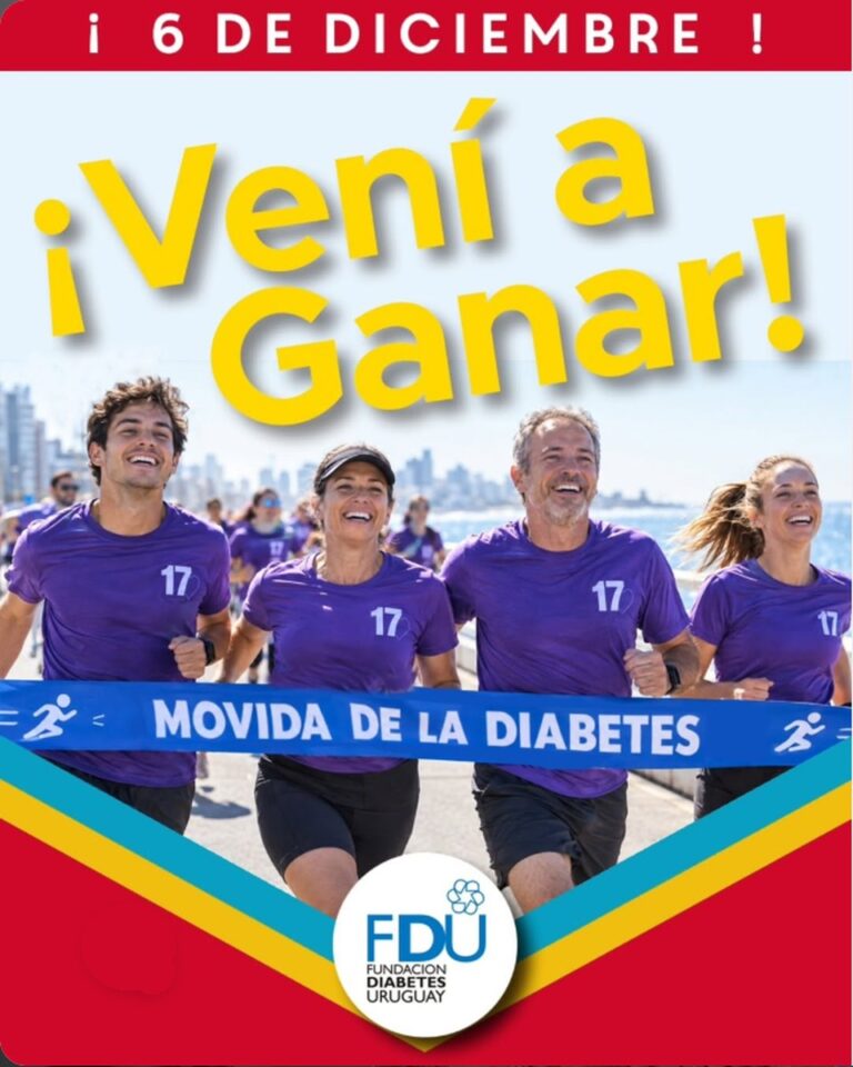 Flyer de la Movida de la Diabetes 2026: corredores con remera violeta cruzando la cinta, 6 de diciembre en Dique Mauá