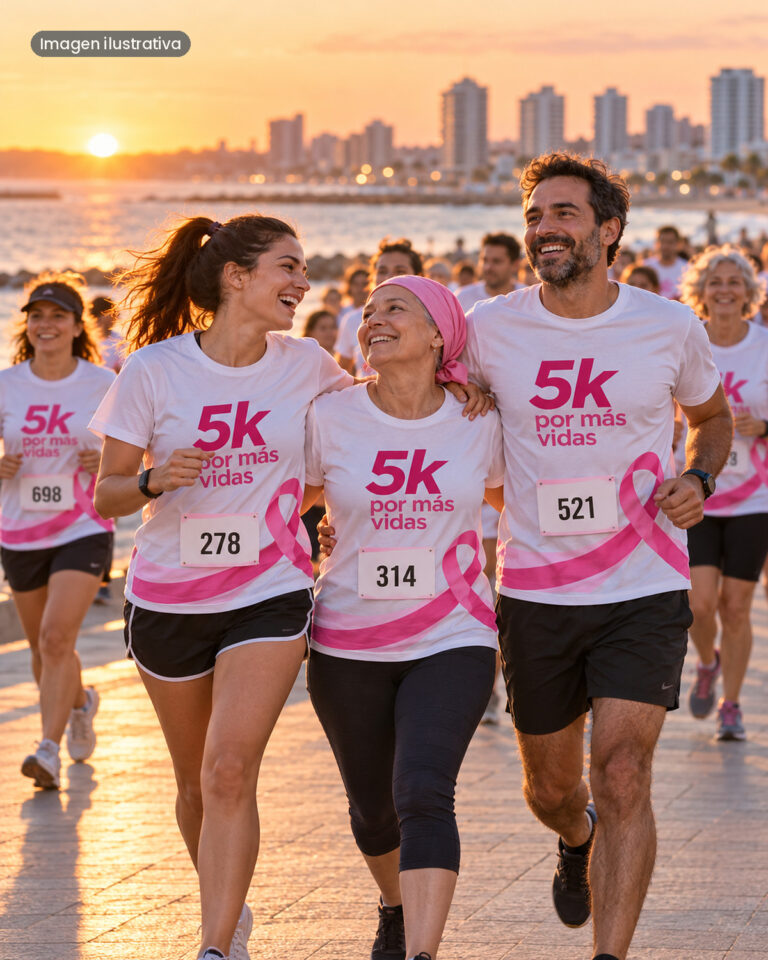 Corredores con la remera blanca y lazo rosa del 5K Por más vidas en la rambla de Punta del Este (imagen ilustrativa)