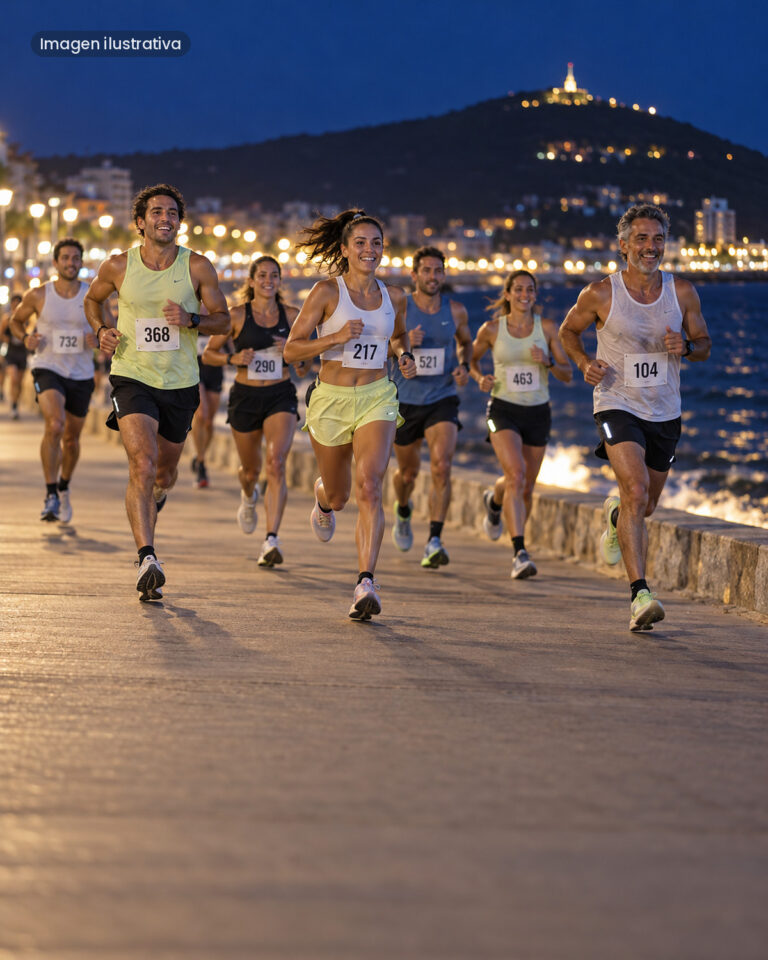 Corredores de noche en la rambla de Piriápolis con el cerro San Antonio iluminado (imagen ilustrativa)