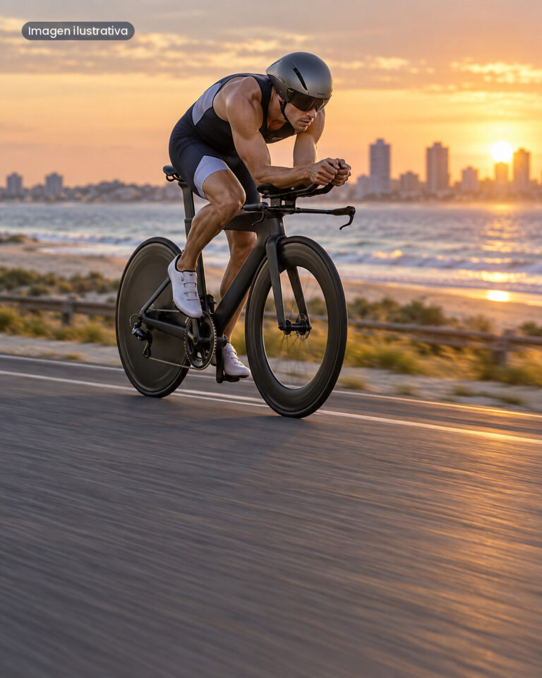 Triatleta en bicicleta contrarreloj por la costa de Punta del Este al amanecer (imagen ilustrativa)